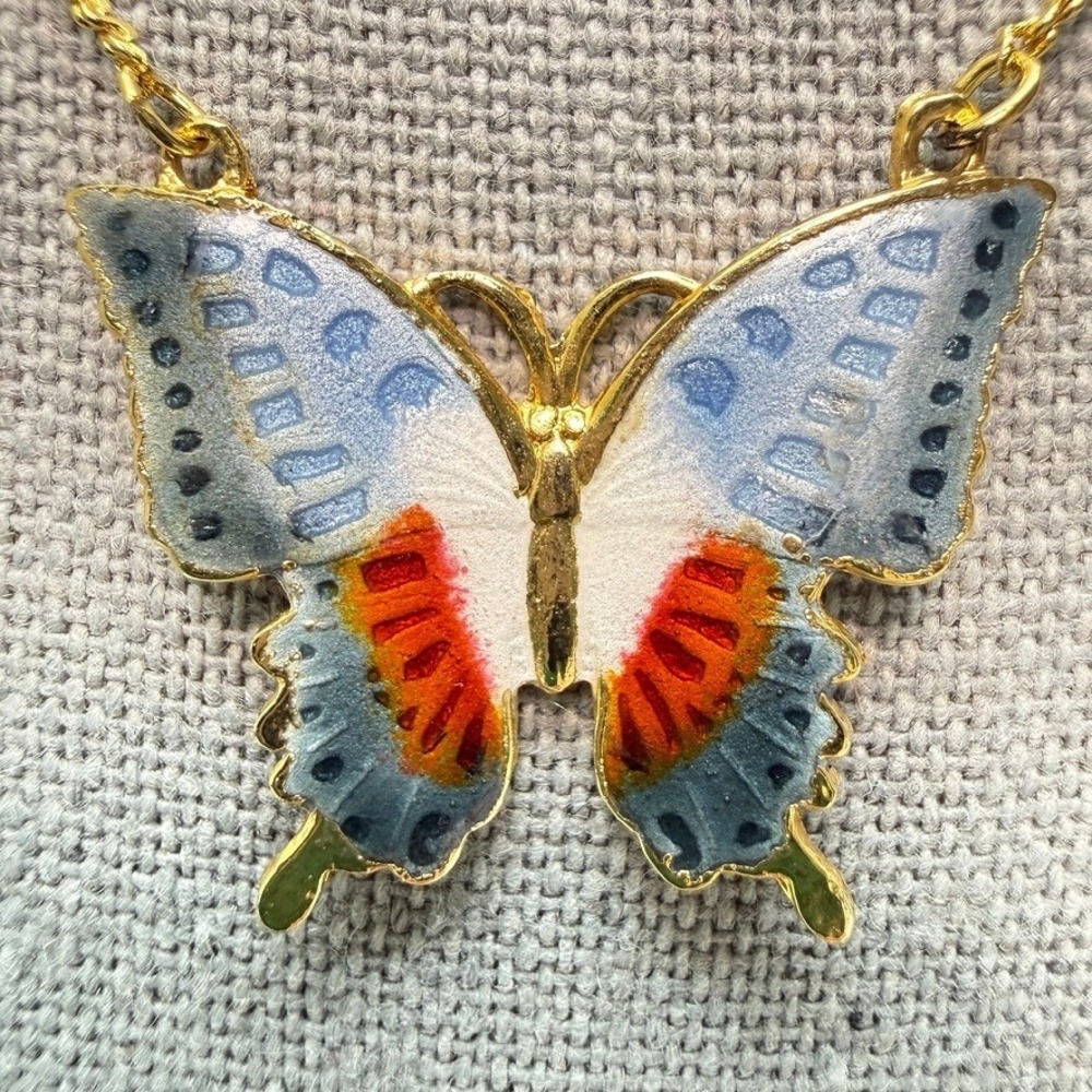 Vintage Enamel Cloisonne Butterfly Pendant Gold Tone Necklace 15" Dainty Cute